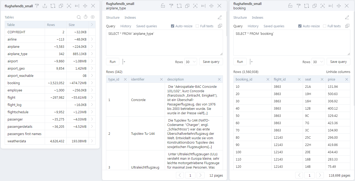 Open database tables side by side