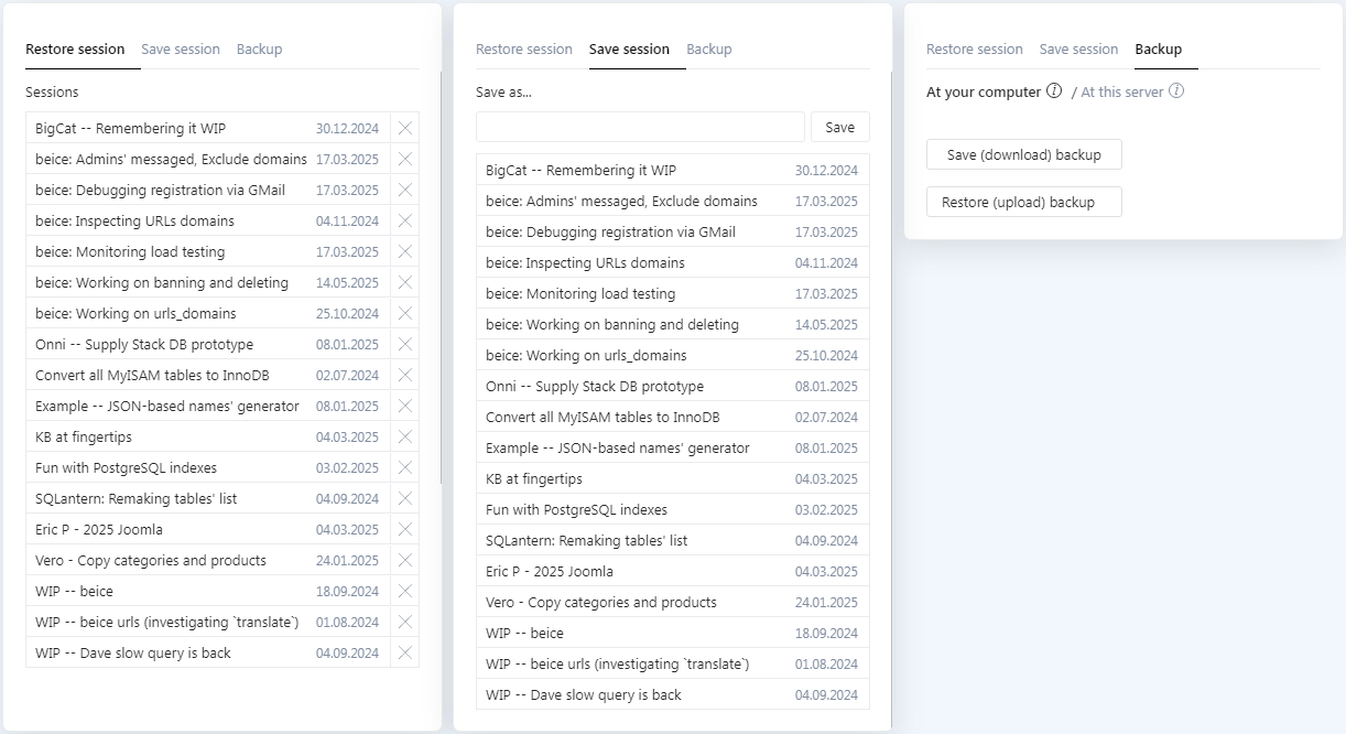 Save and restore sessions when working with databases